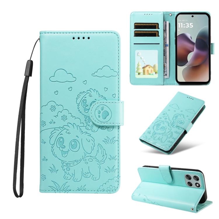 For Motorola Moto G56 5G / G66j Embossed Heart Dog RFID Blocking Wallet Leather Phone Case(Green)