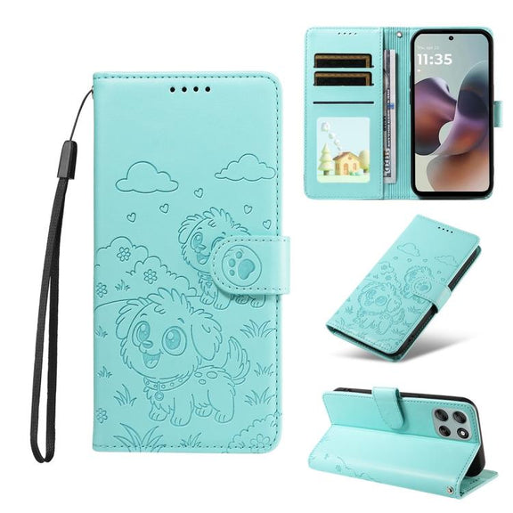 For Motorola Moto G56 5G / G66j Embossed Heart Dog RFID Blocking Wallet Leather Phone Case(Green)