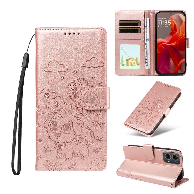 For Motorola Moto G85 5G Embossed Heart Dog RFID Blocking Wallet Leather Phone Case(Rose Gold)