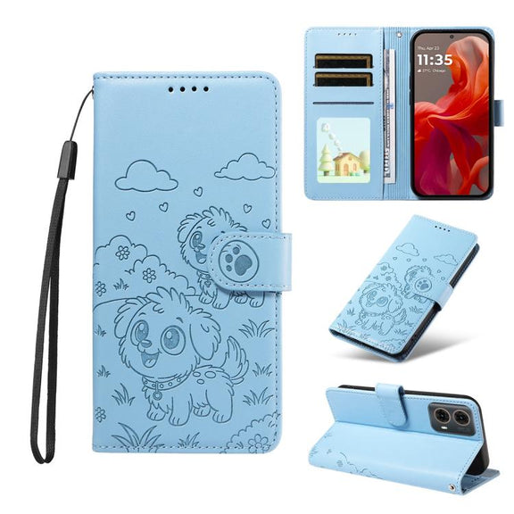 For Motorola Moto G85 5G Embossed Heart Dog RFID Blocking Wallet Leather Phone Case(Sky Blue)