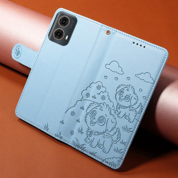 For Motorola Moto G85 5G Embossed Heart Dog RFID Blocking Wallet Leather Phone Case(Sky Blue)