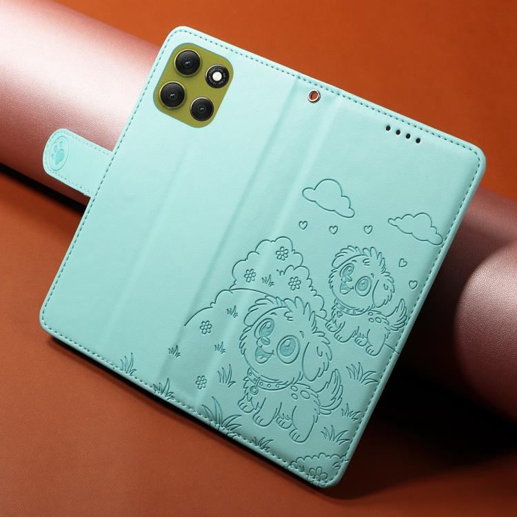 For Motorola Moto G86 5G Embossed Heart Dog RFID Blocking Wallet Leather Phone Case(Green)