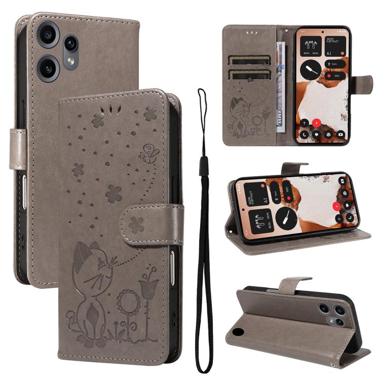 For Nothing CMF Phone 2 Pro Cat and Bee Embossed Flip Leather Phone Case(Grey)