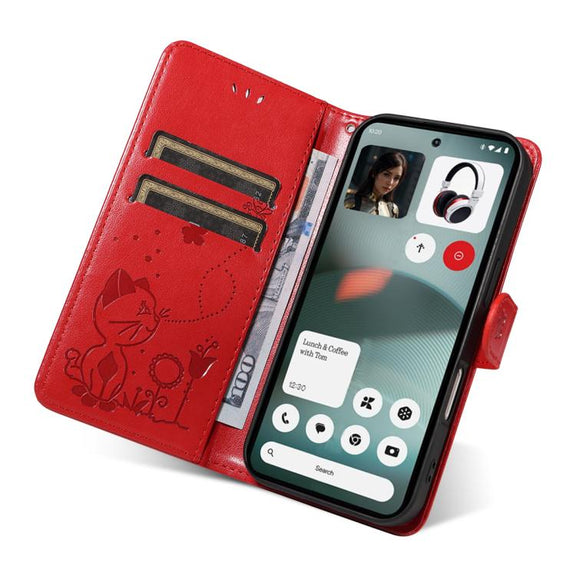 For Nothing Phone 3 Cat and Bee Embossed Flip Leather Phone Case(Red)