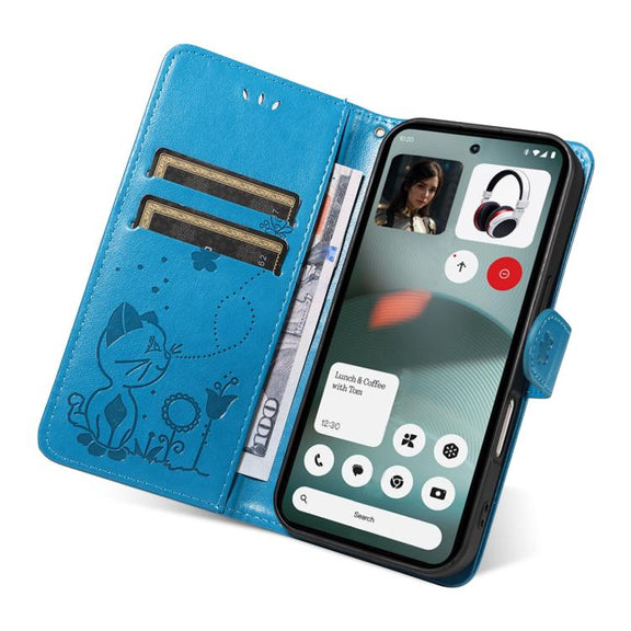For Nothing Phone 3 Cat and Bee Embossed Flip Leather Phone Case(Blue)
