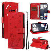 For Nothing Phone 3A Cat and Bee Embossed Flip Leather Phone Case(Red)