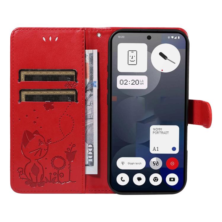 For Nothing Phone 3A Cat and Bee Embossed Flip Leather Phone Case(Red)