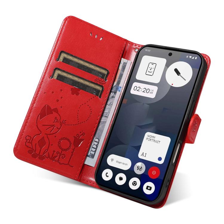 For Nothing Phone 3A Cat and Bee Embossed Flip Leather Phone Case(Red)