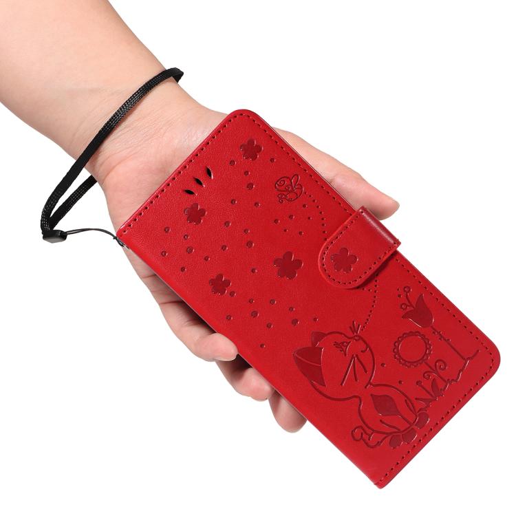 For Nothing Phone 3A Cat and Bee Embossed Flip Leather Phone Case(Red)