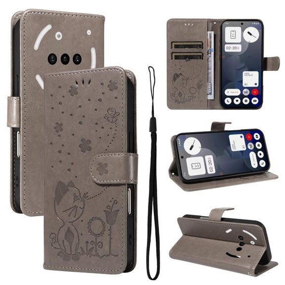 For Nothing Phone 3A Cat and Bee Embossed Flip Leather Phone Case(Grey)