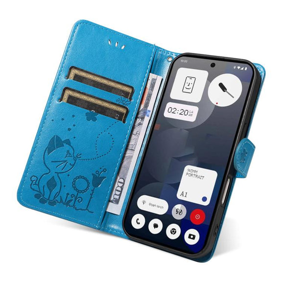 For Nothing Phone 3A Cat and Bee Embossed Flip Leather Phone Case(Blue)