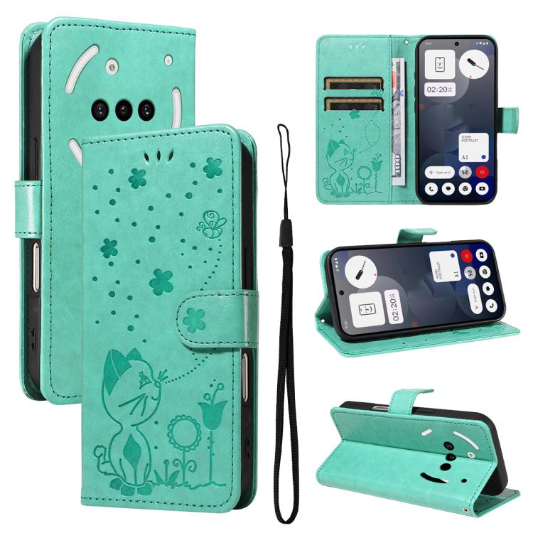 For Nothing Phone 3A Cat and Bee Embossed Flip Leather Phone Case(Green)