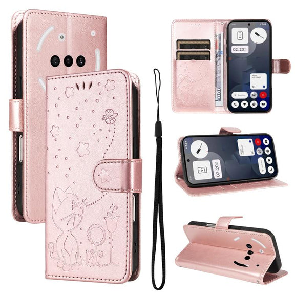 For Nothing Phone 3A Cat and Bee Embossed Flip Leather Phone Case(Rose Gold)