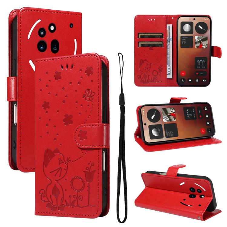 For Nothing Phone 3A Pro Cat and Bee Embossed Flip Leather Phone Case(Red)