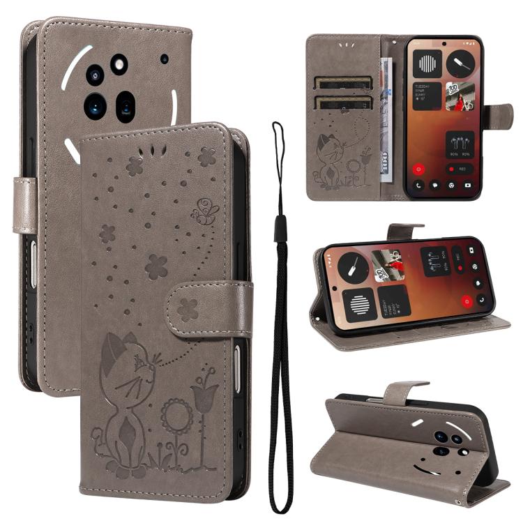 For Nothing Phone 3A Pro Cat and Bee Embossed Flip Leather Phone Case(Grey)