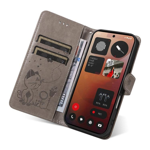 For Nothing Phone 3A Pro Cat and Bee Embossed Flip Leather Phone Case(Grey)