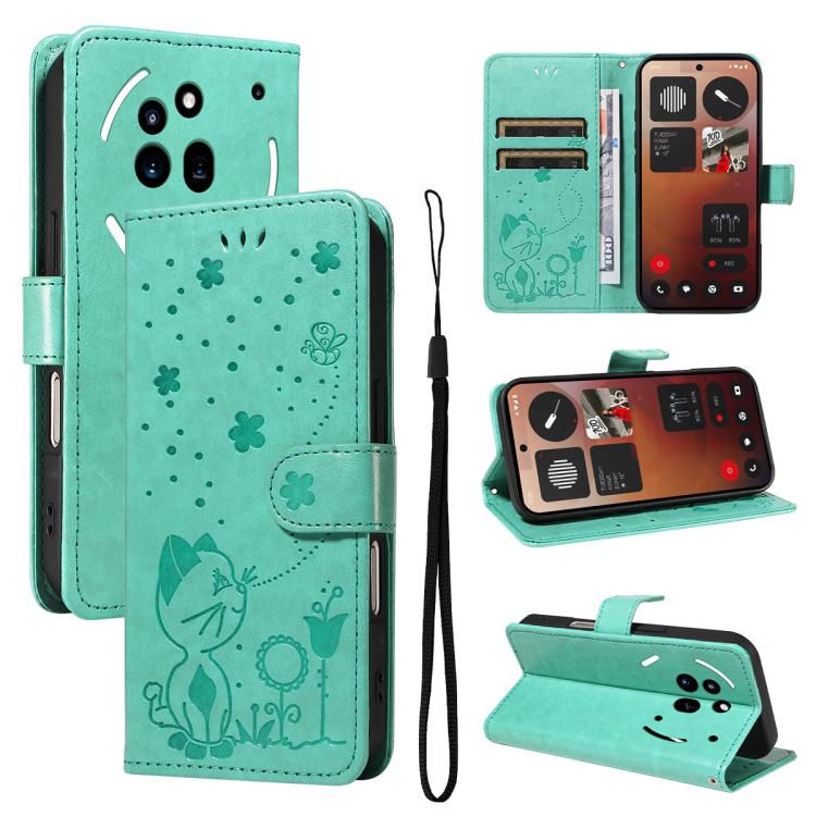 For Nothing Phone 3A Pro Cat and Bee Embossed Flip Leather Phone Case(Green)