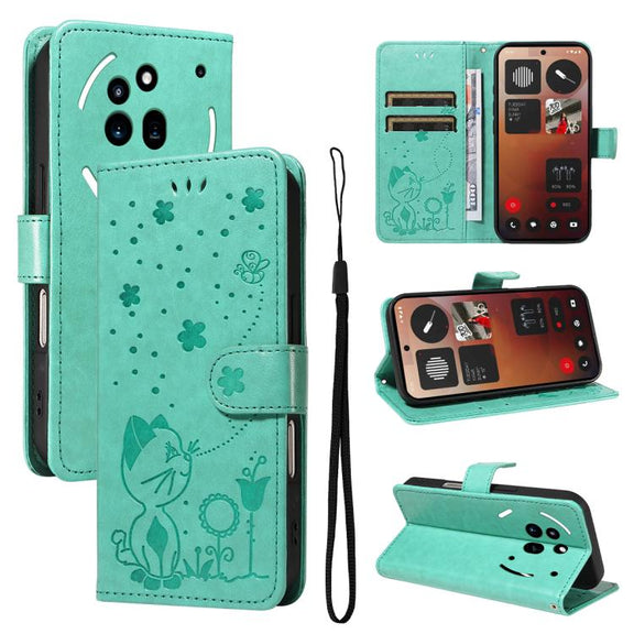 For Nothing Phone 3A Pro Cat and Bee Embossed Flip Leather Phone Case(Green)