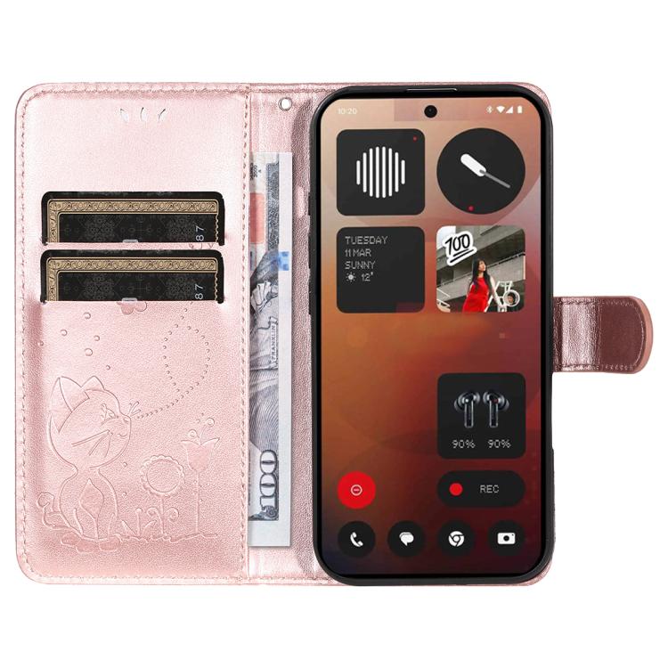 For Nothing Phone 3A Pro Cat and Bee Embossed Flip Leather Phone Case(Rose Gold)
