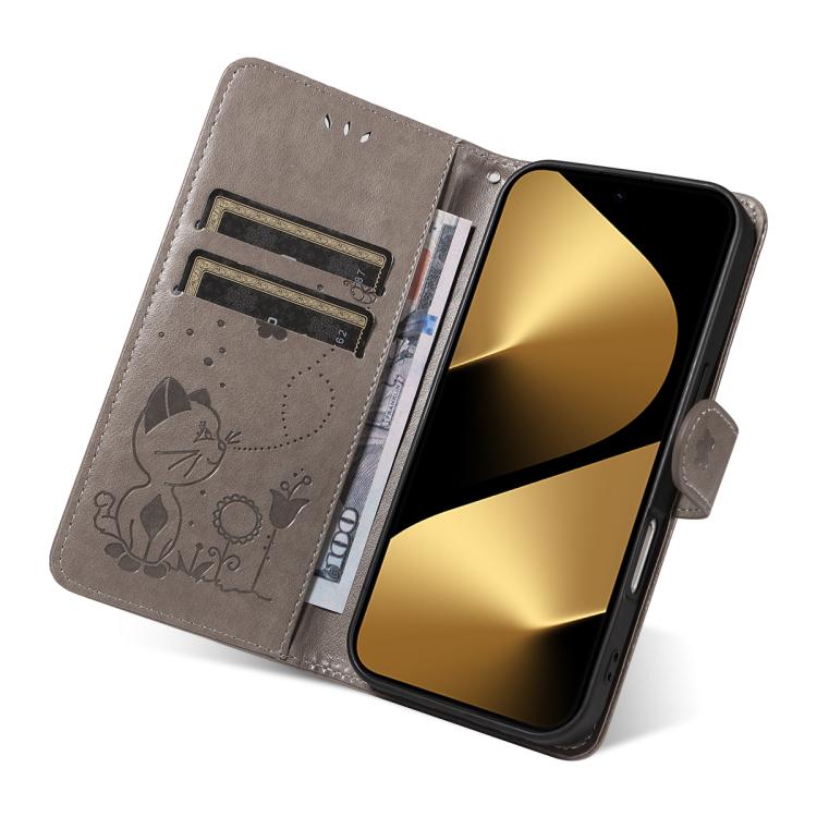 For Huawei Pura 80 Ultra 5G Cat and Bee Embossed Flip Leather Phone Case(Grey)