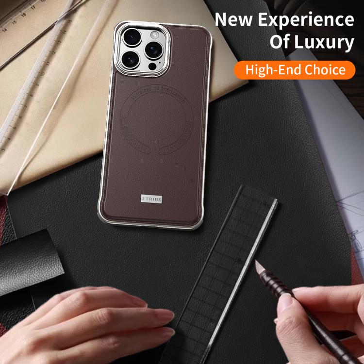 For iPhone 16 Pro J TRIBE Metal Frameless Plain Leather MagSafe Phone Case(Brown)