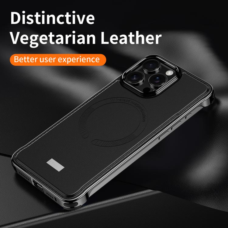 For iPhone 15 Pro J TRIBE Metal Frameless Plain Leather MagSafe Phone Case(Black)
