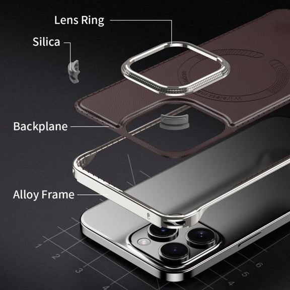 For iPhone 15 Pro Max J TRIBE Metal Frameless Plain Leather MagSafe Phone Case(Brown)