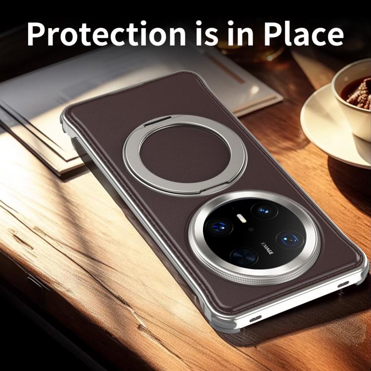 For Huawei Mate 70 Metal Frameless Plain Leather MagSafe Holder Phone Case(Brown)
