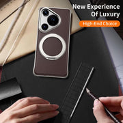 For Huawei Pura 70 Metal Frameless Plain Leather MagSafe Holder Phone Case(Brown)