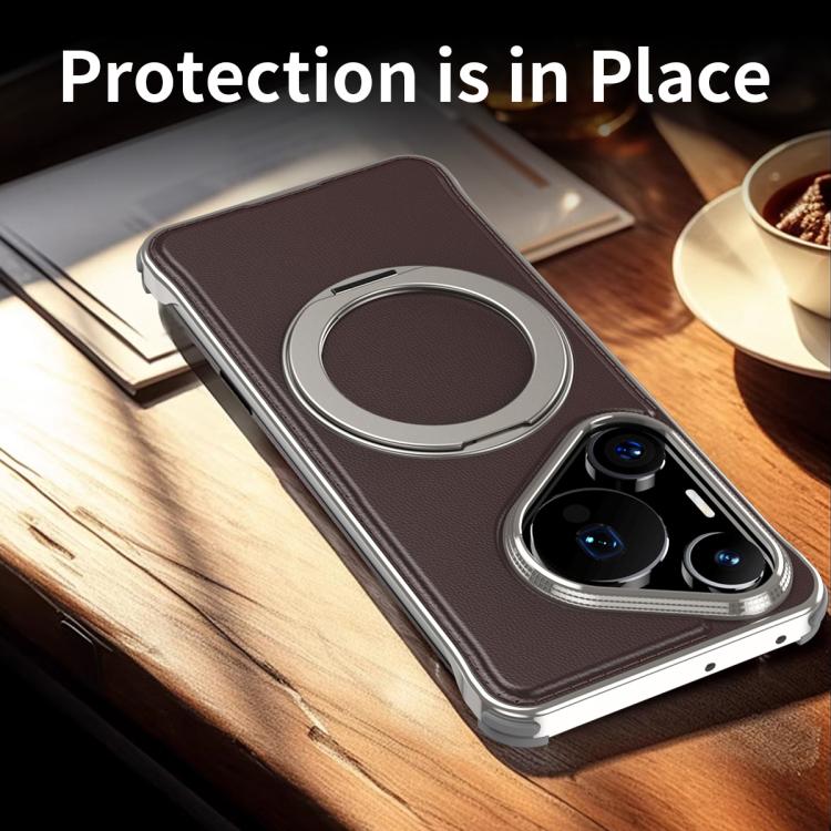 For Huawei Pura 70 Pro Metal Frameless Plain Leather MagSafe Holder Phone Case(Black)