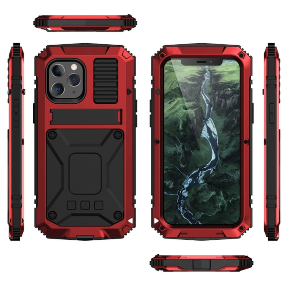 For iPhone 12 Pro Max R-JUST Shockproof Water-resistant Dust-proof Metal + Silicone Protective Case with Holder(Red)