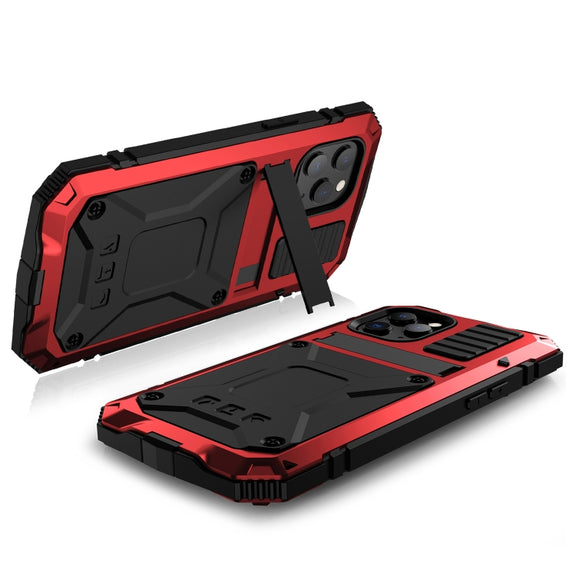 For iPhone 12 Pro Max R-JUST Shockproof Water-resistant Dust-proof Metal + Silicone Protective Case with Holder(Red)