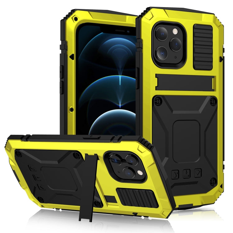 For iPhone 12 Pro Max R-JUST Shockproof Water-resistant Dust-proof Metal + Silicone Protective Case with Holder(Yellow)