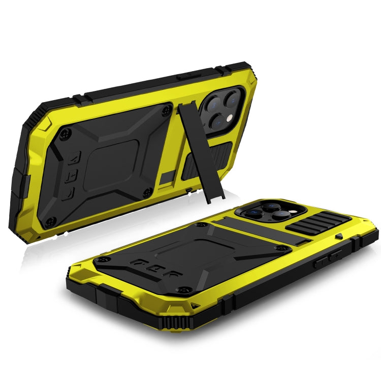 For iPhone 12 Pro Max R-JUST Shockproof Water-resistant Dust-proof Metal + Silicone Protective Case with Holder(Yellow)
