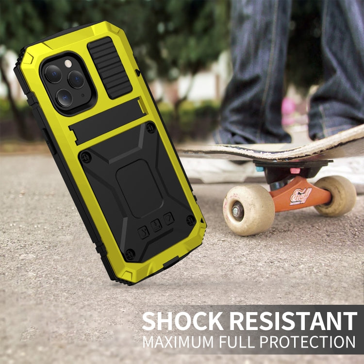 For iPhone 12 Pro Max R-JUST Shockproof Water-resistant Dust-proof Metal + Silicone Protective Case with Holder(Yellow)