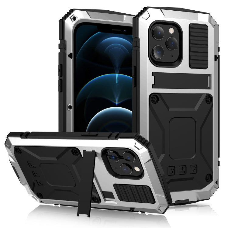For iPhone 12 Pro Max R-JUST Shockproof Water-resistant Dust-proof Metal + Silicone Protective Case with Holder(Silver)