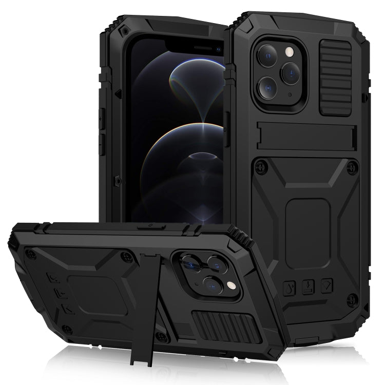 For iPhone 12 / 12 Pro R-JUST Shockproof Water-resistant Dust-proof Metal + Silicone Protective Case with Holder(Black)