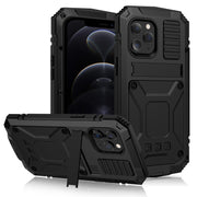For iPhone 12 / 12 Pro R-JUST Shockproof Water-resistant Dust-proof Metal + Silicone Protective Case with Holder(Black)