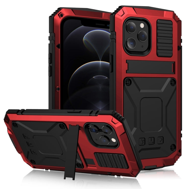 For iPhone 12 / 12 Pro R-JUST Shockproof Water-resistant Dust-proof Metal + Silicone Protective Case with Holder(Red)