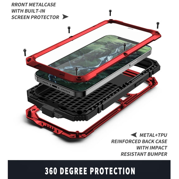 For iPhone 12 / 12 Pro R-JUST Shockproof Water-resistant Dust-proof Metal + Silicone Protective Case with Holder(Red)