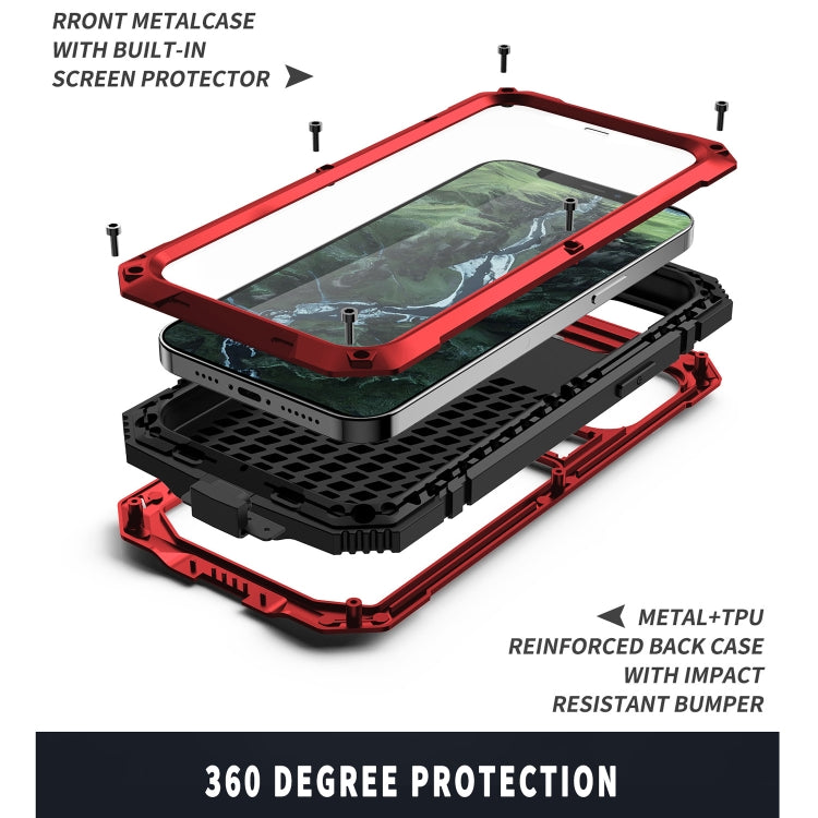 For iPhone 12 / 12 Pro R-JUST Shockproof Water-resistant Dust-proof Metal + Silicone Protective Case with Holder(Red)