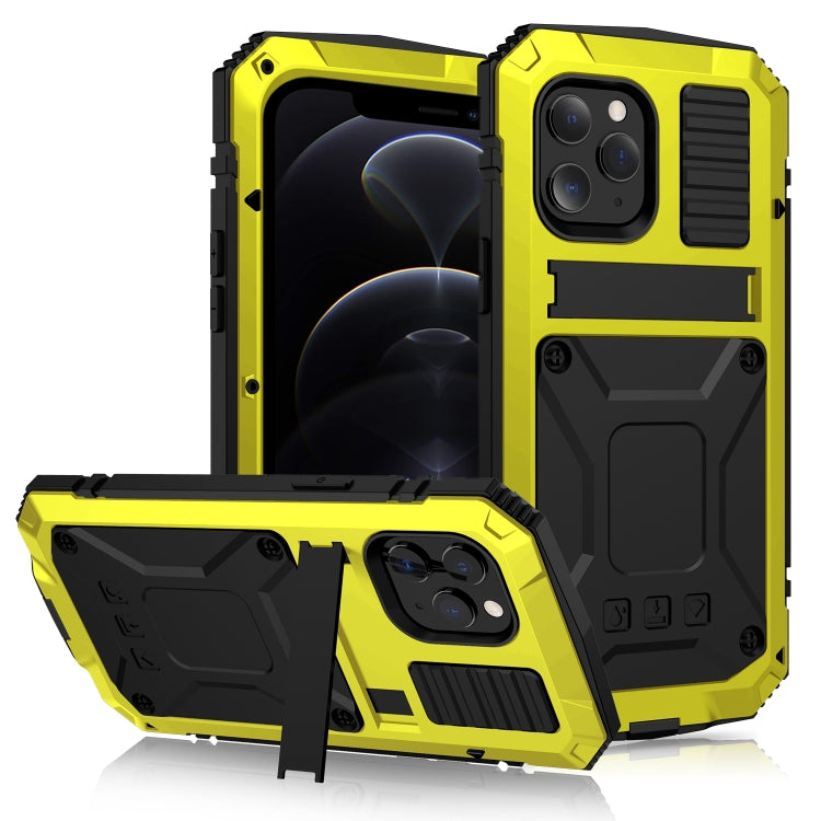 For iPhone 12 / 12 Pro R-JUST Shockproof Water-resistant Dust-proof Metal + Silicone Protective Case with Holder(Yellow)