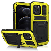 For iPhone 12 / 12 Pro R-JUST Shockproof Water-resistant Dust-proof Metal + Silicone Protective Case with Holder(Yellow)