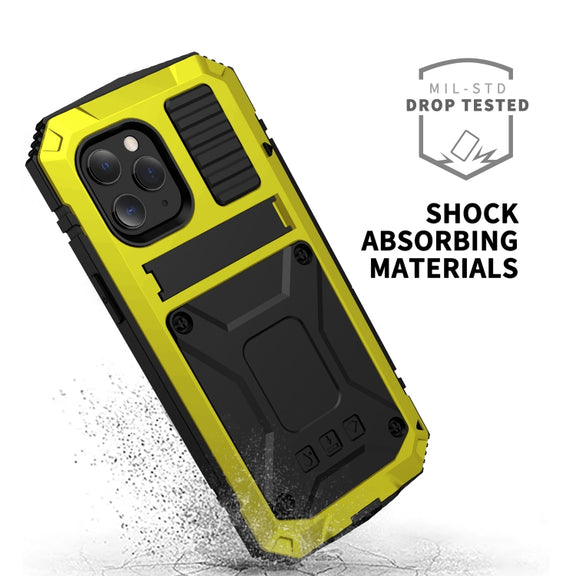 For iPhone 12 / 12 Pro R-JUST Shockproof Water-resistant Dust-proof Metal + Silicone Protective Case with Holder(Yellow)