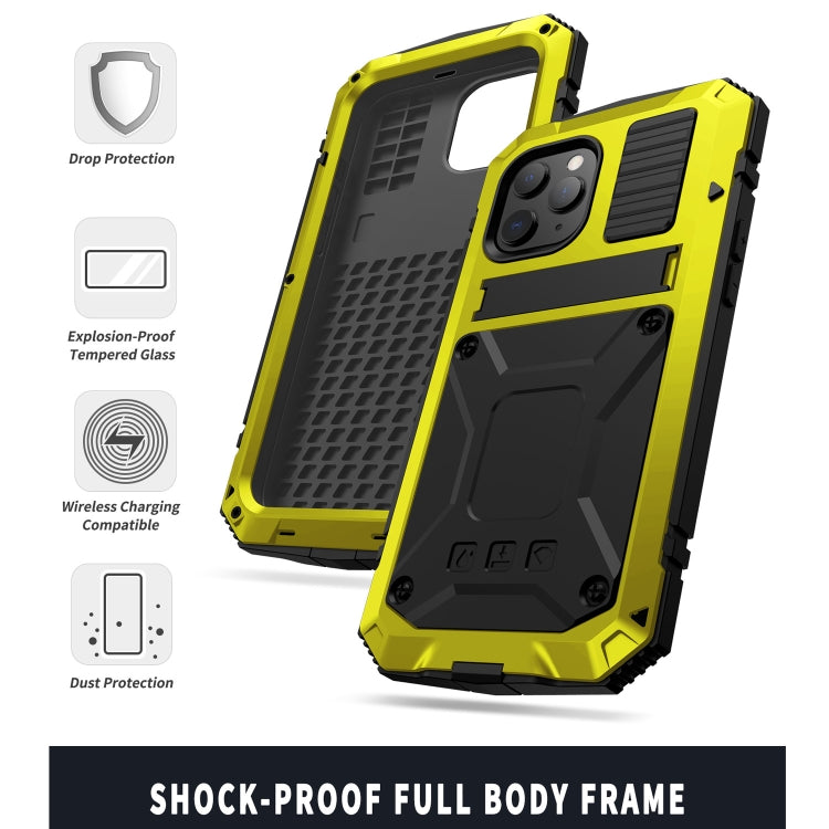 For iPhone 12 / 12 Pro R-JUST Shockproof Water-resistant Dust-proof Metal + Silicone Protective Case with Holder(Yellow)