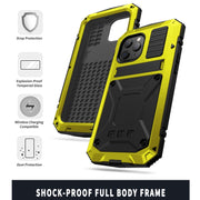 For iPhone 12 / 12 Pro R-JUST Shockproof Water-resistant Dust-proof Metal + Silicone Protective Case with Holder(Yellow)