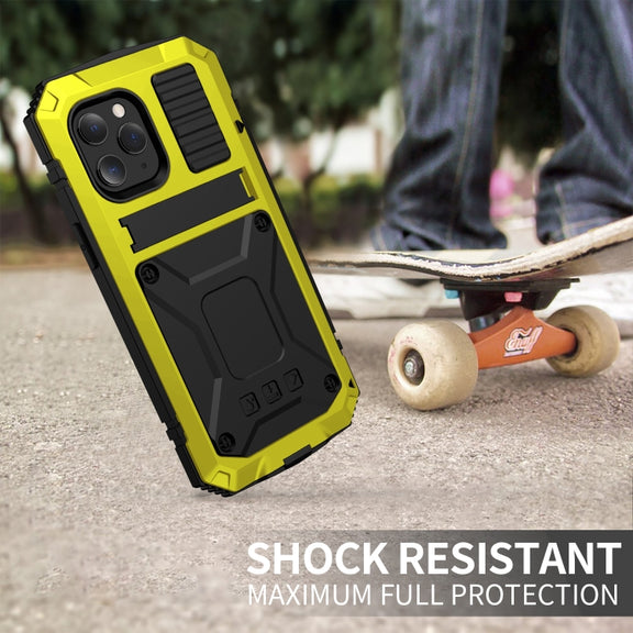 For iPhone 12 / 12 Pro R-JUST Shockproof Water-resistant Dust-proof Metal + Silicone Protective Case with Holder(Yellow)