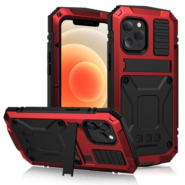 For iPhone 12 mini R-JUST Shockproof Water-resistant Dust-proof Metal + Silicone Protective Case with Holder (Red)