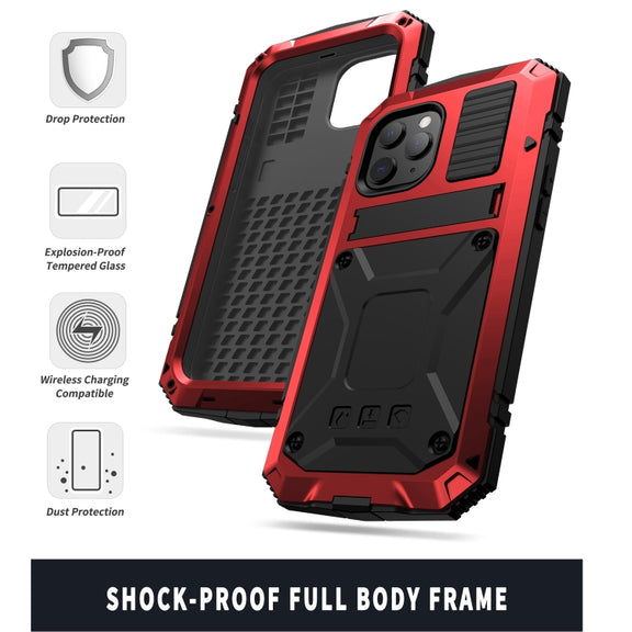For iPhone 12 mini R-JUST Shockproof Water-resistant Dust-proof Metal + Silicone Protective Case with Holder (Red)