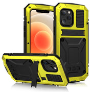 For iPhone 12 mini R-JUST Shockproof Water-resistant Dust-proof Metal + Silicone Protective Case with Holder (Yellow)